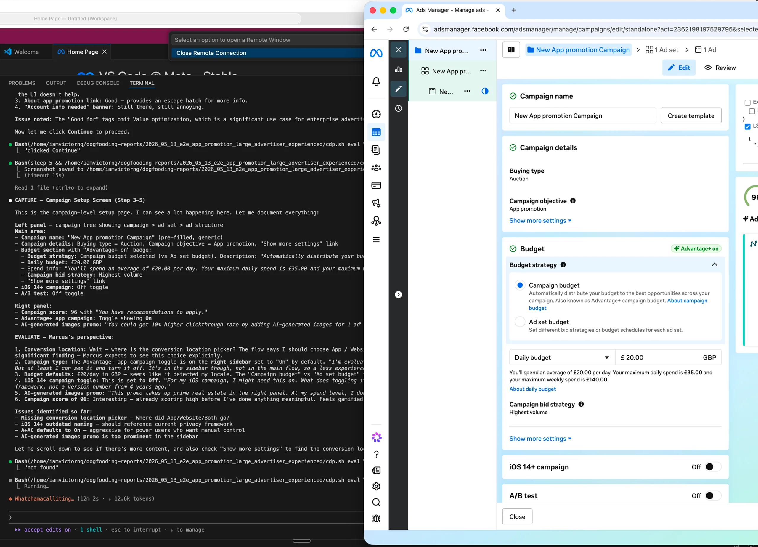 The agent narrating its CAPTURE and EVALUATE reasoning as Enterprise Marcus in the terminal while driving live Ads Manager in the browser