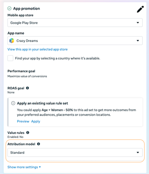 Attribution model shown as an always-visible dropdown in ad set settings