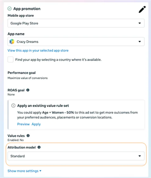 Attribution model shown as an always-visible dropdown in ad set settings