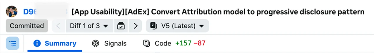The committed diff: Convert Attribution model to progressive disclosure pattern, plus 157 minus 87