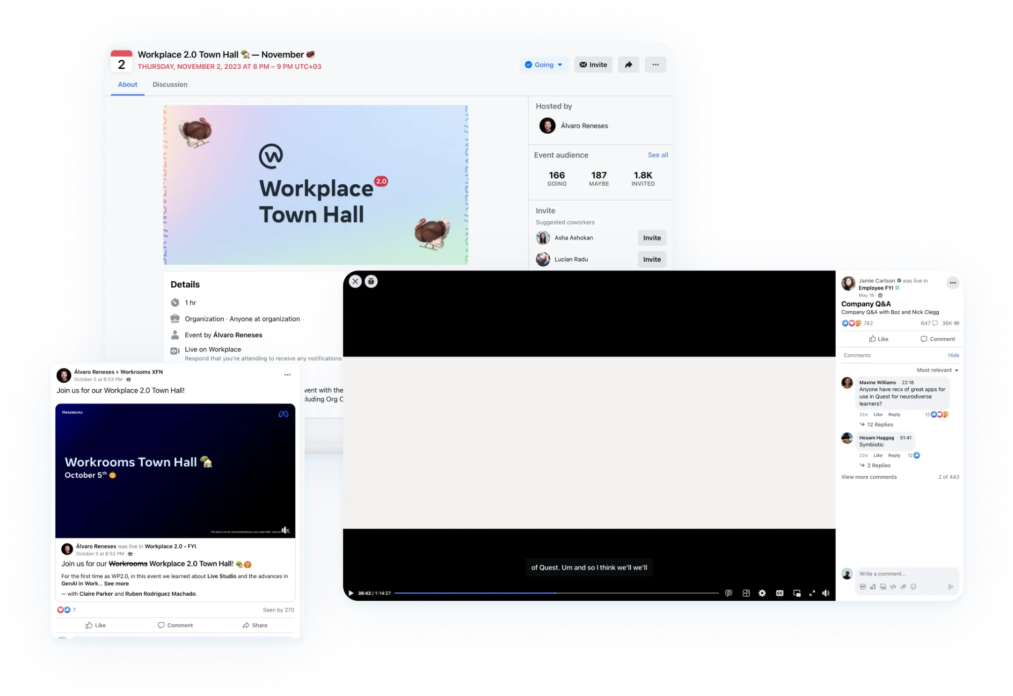 Before: a work event as a feed post, an event page and a livestream