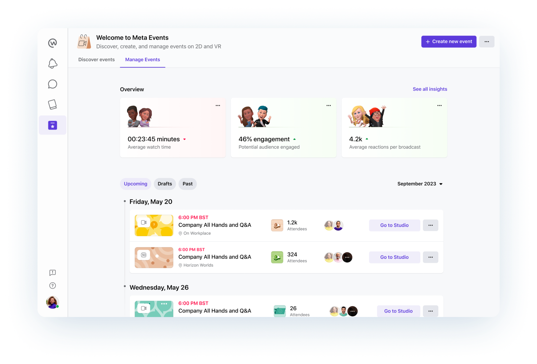 After: an events hub to discover, create and manage events across 2D and VR, with insights and a link into Studio per event