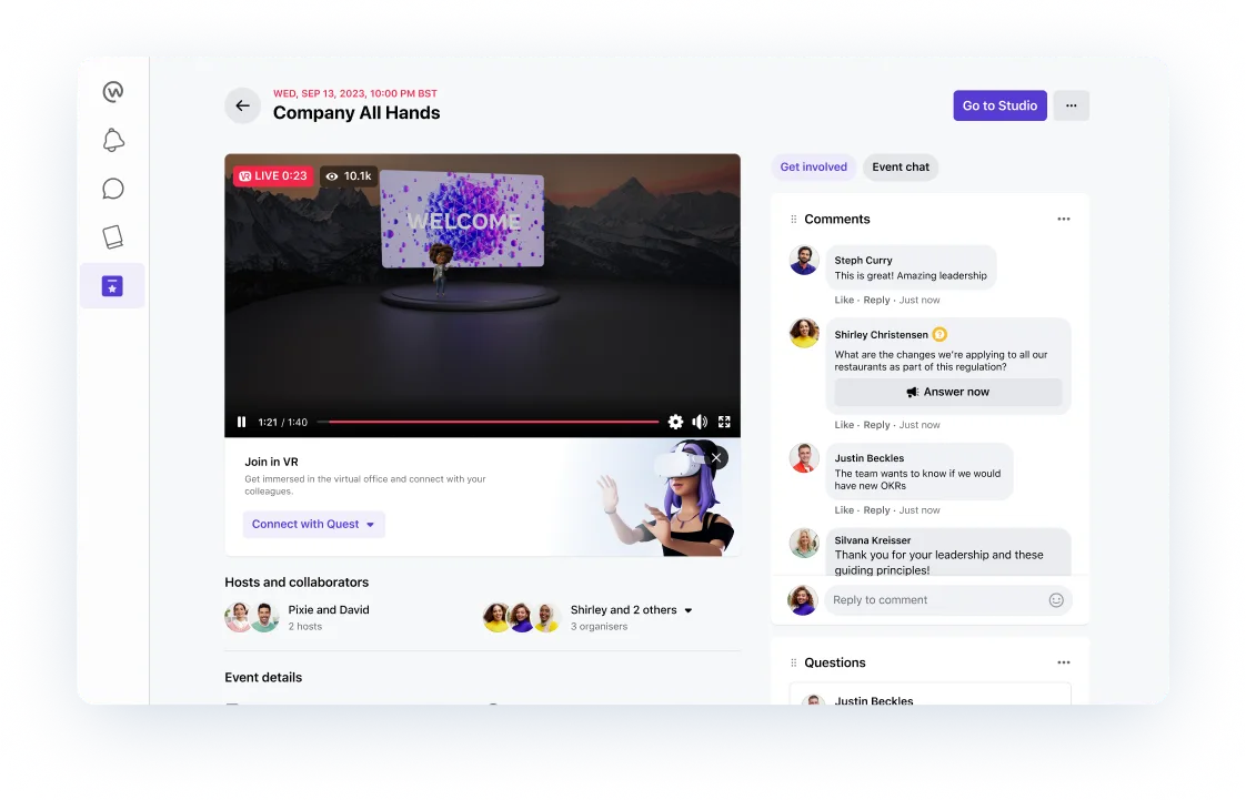 After: one live event page with a view of the VR stage, run of show, comments and questions, and a Join in VR banner