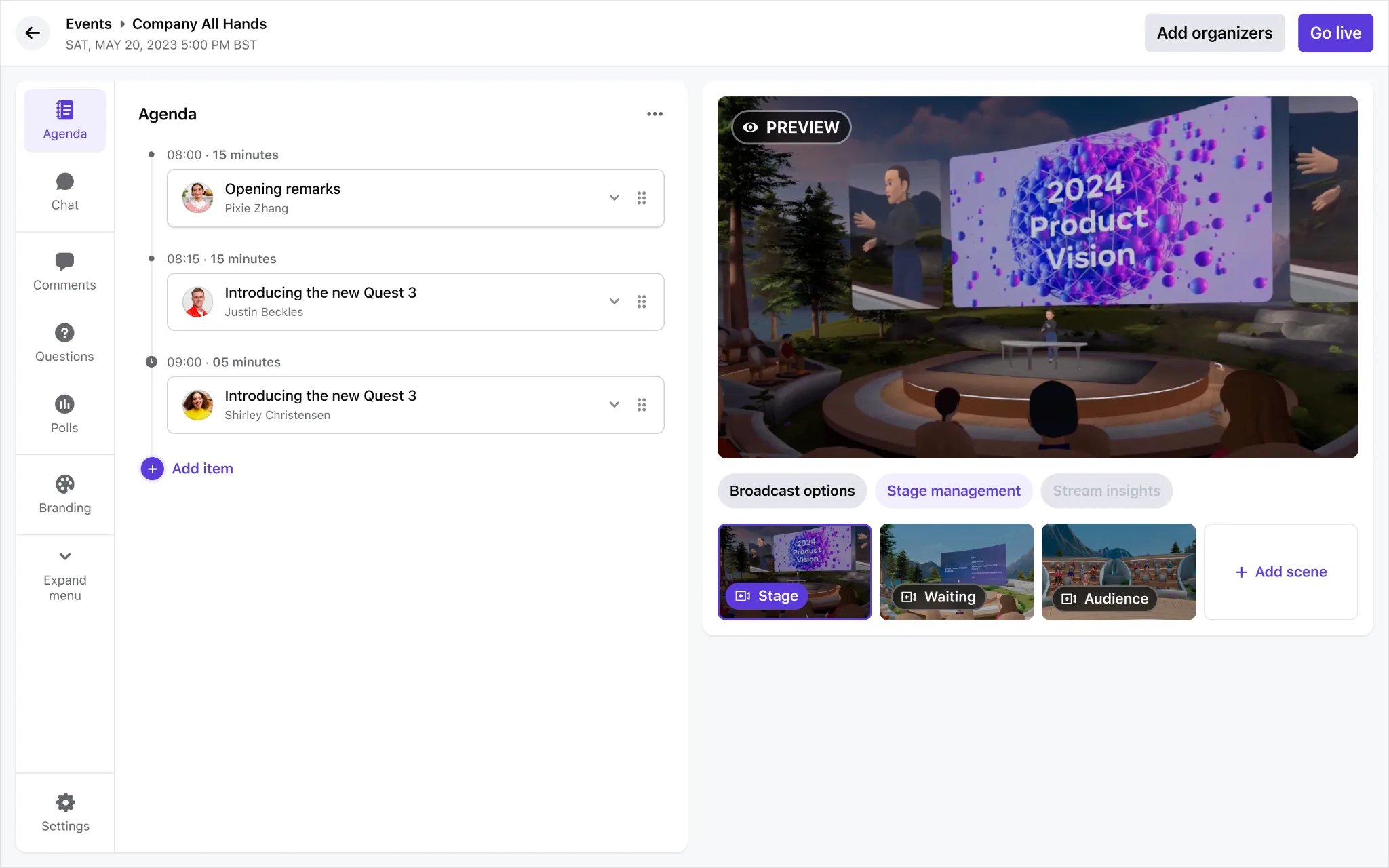 Event Studio: agenda builder beside a live preview of the VR stage with scene management