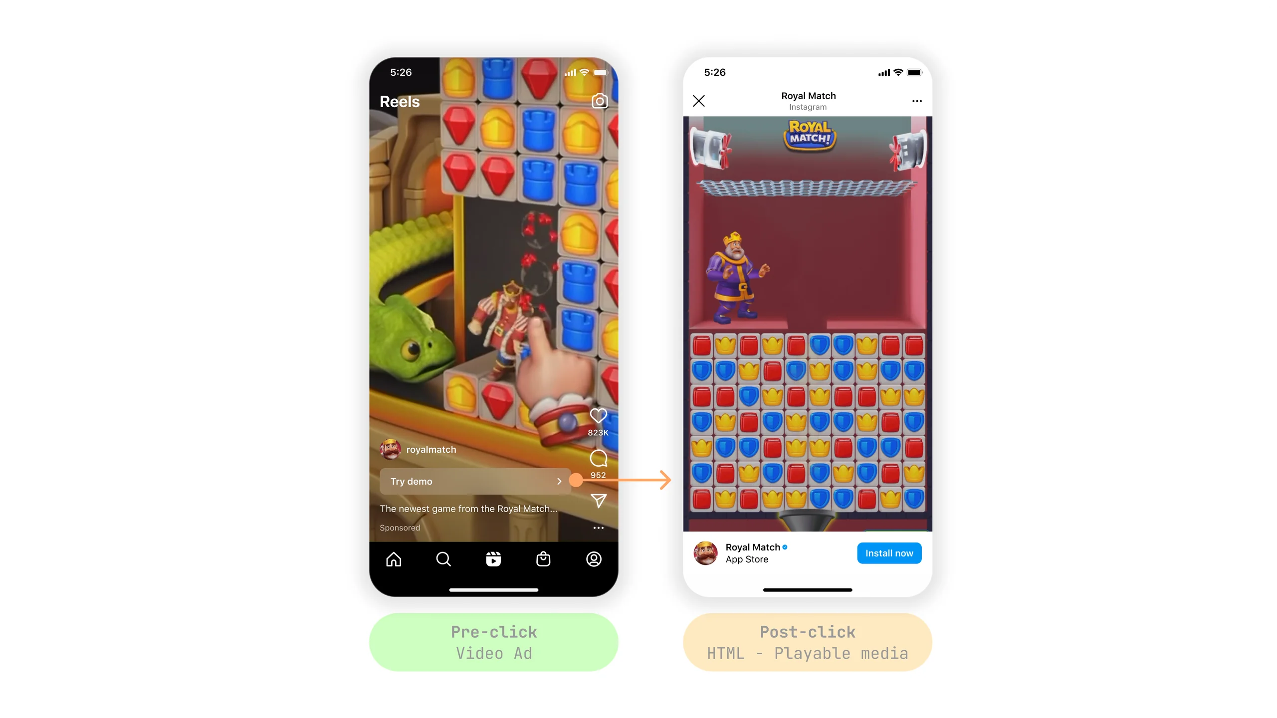 Pre-click video ad with Try Demo CTA on Instagram Reels, and the post-click HTML playable experience with Install Now