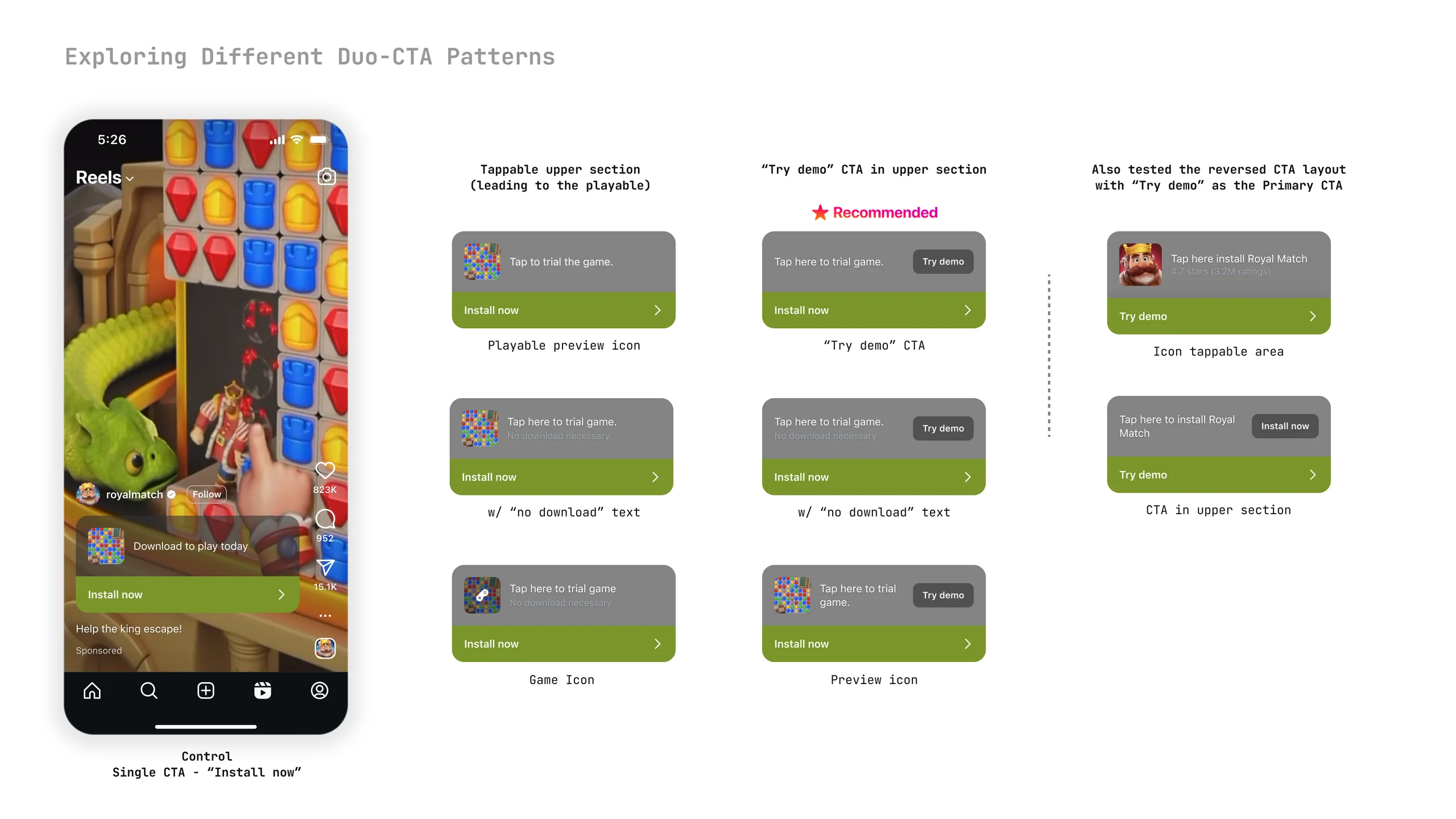 Different mid-scene dual CTA patterns explored for Reels