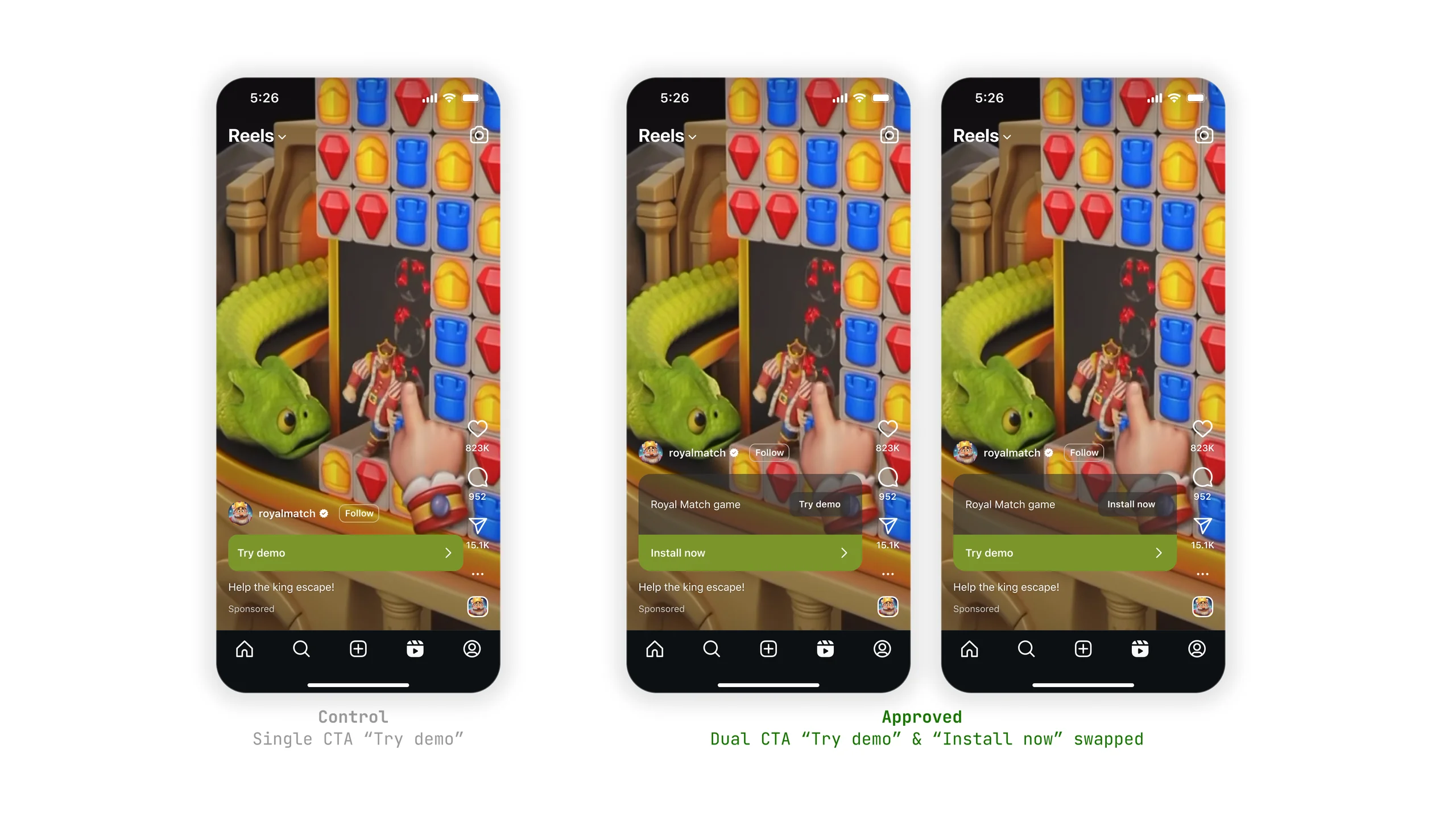 Single CTA control vs the dual-CTA design that shipped, mobile screens compared