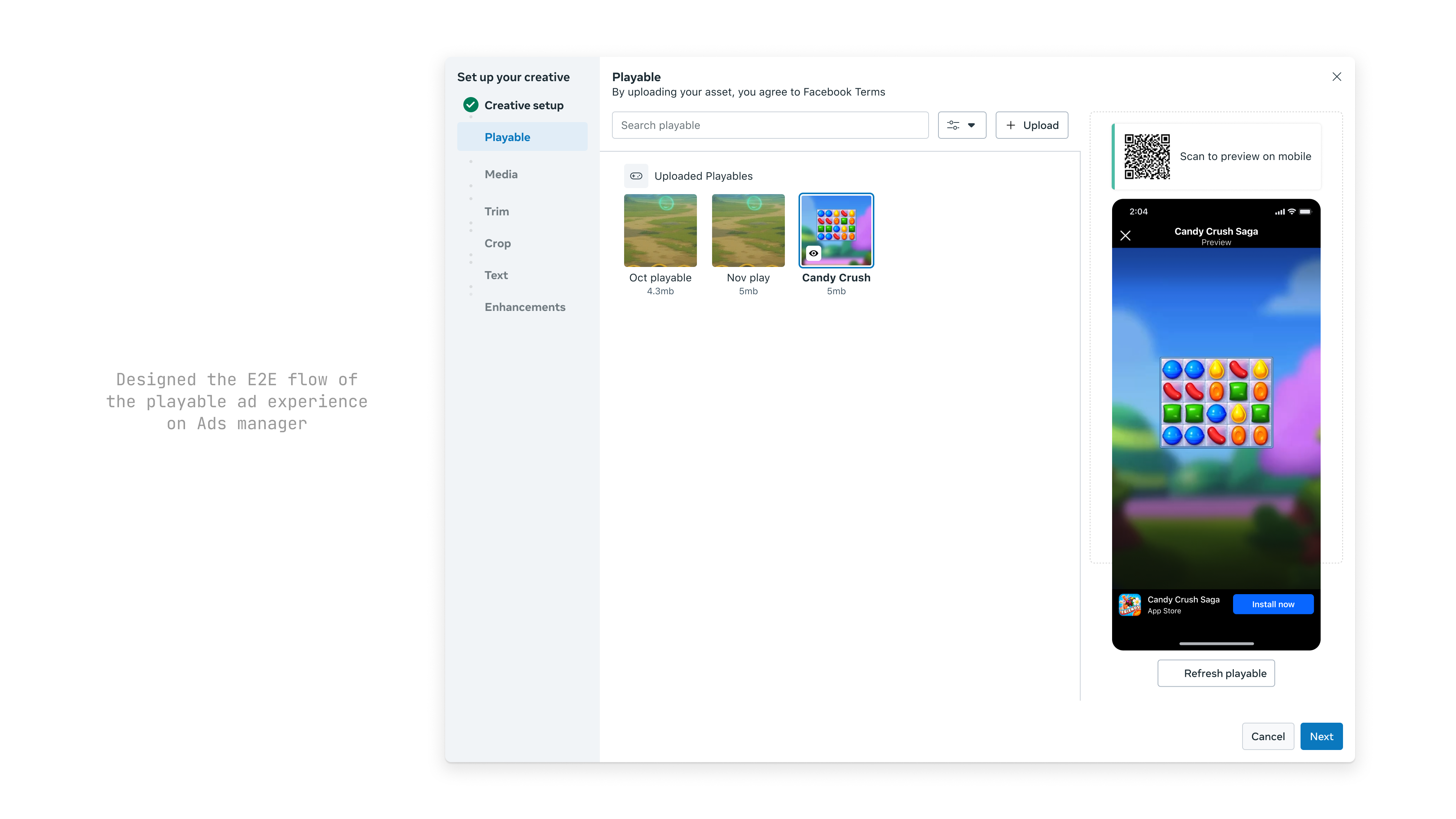 Ads Manager flow for uploading playable HTML and configuring campaigns