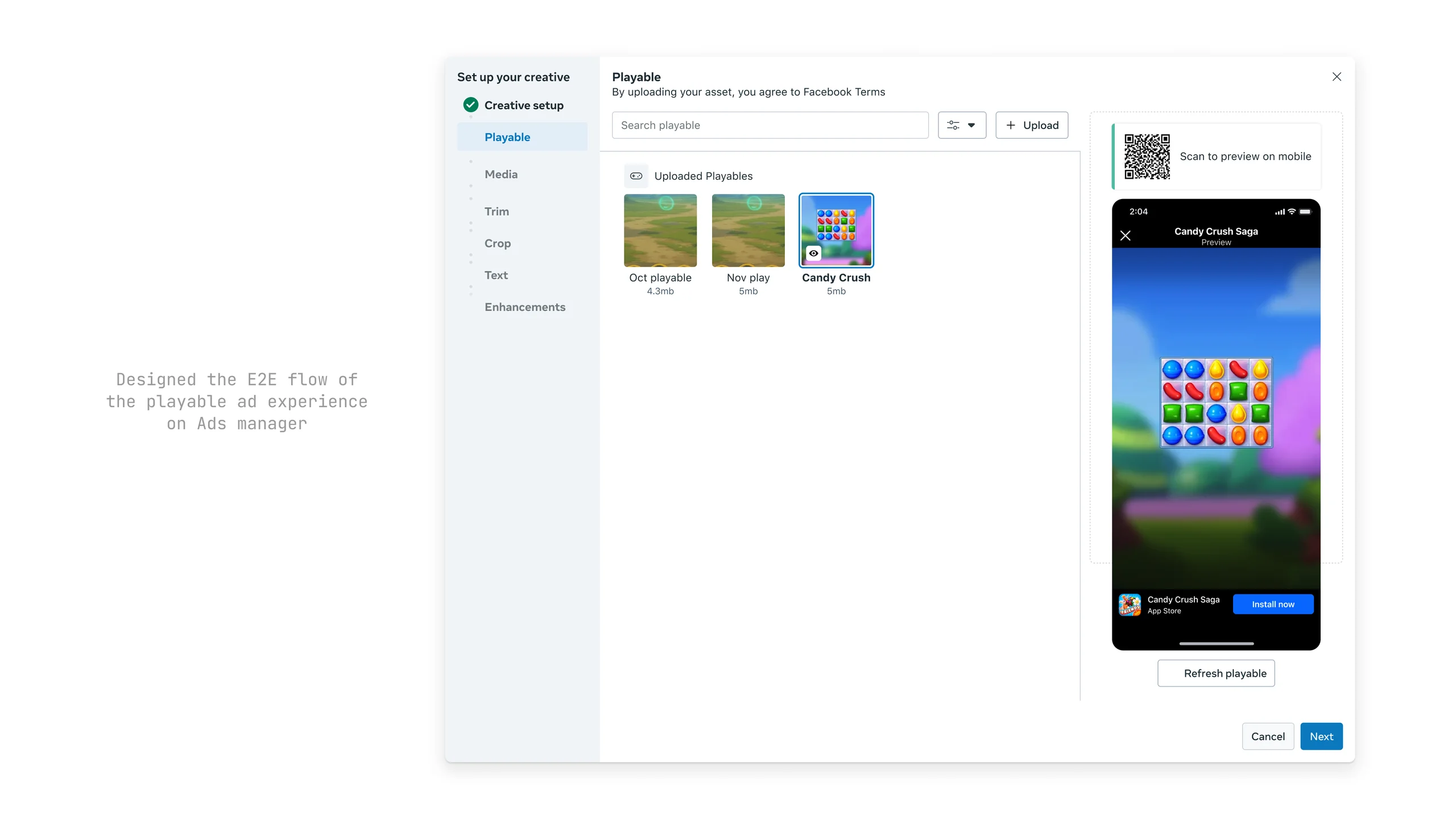 Ads Manager flow for uploading playable HTML and configuring campaigns